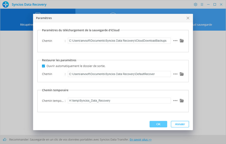 Paramètres de récupération de données Syncios