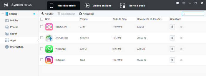 Gestion des apps iOS Syncios